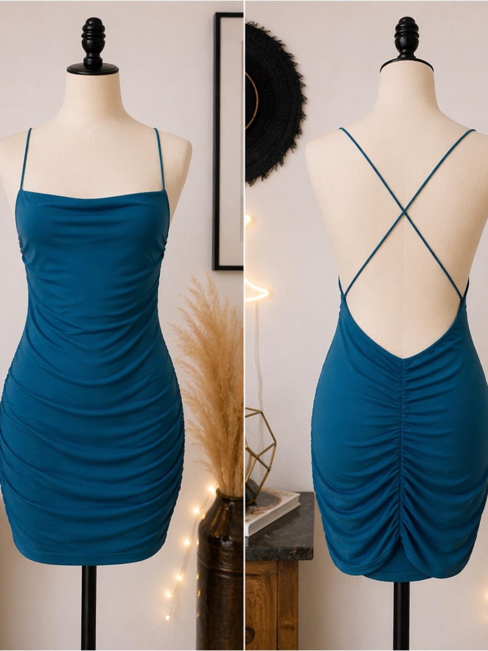 Teal Ruched Open Back Bodycon Mini Dress Strappy Adjustable Stretch Size S